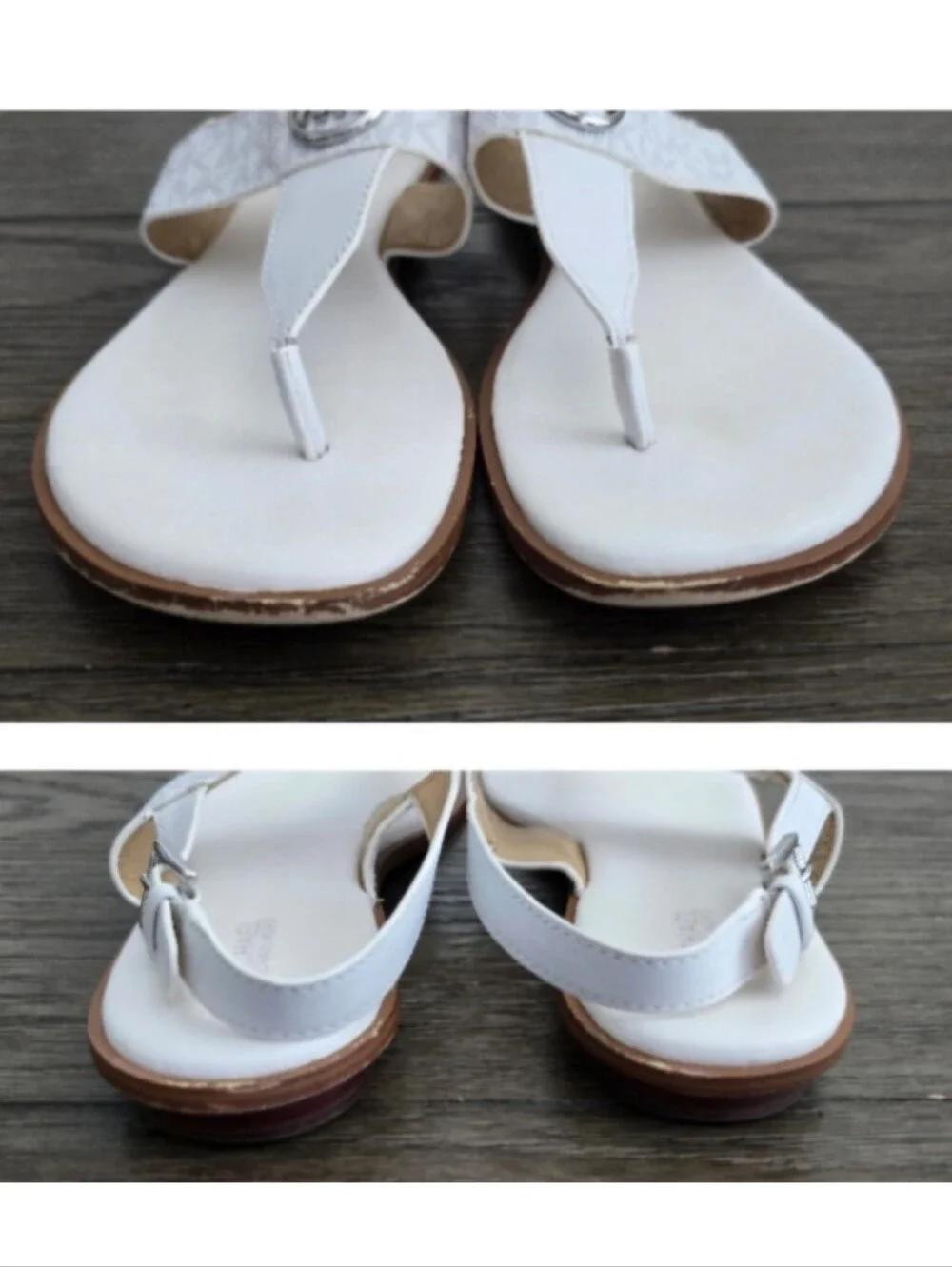 Michael Kors White Leather Thong Sandals with Silver MK Emblem, Size 10